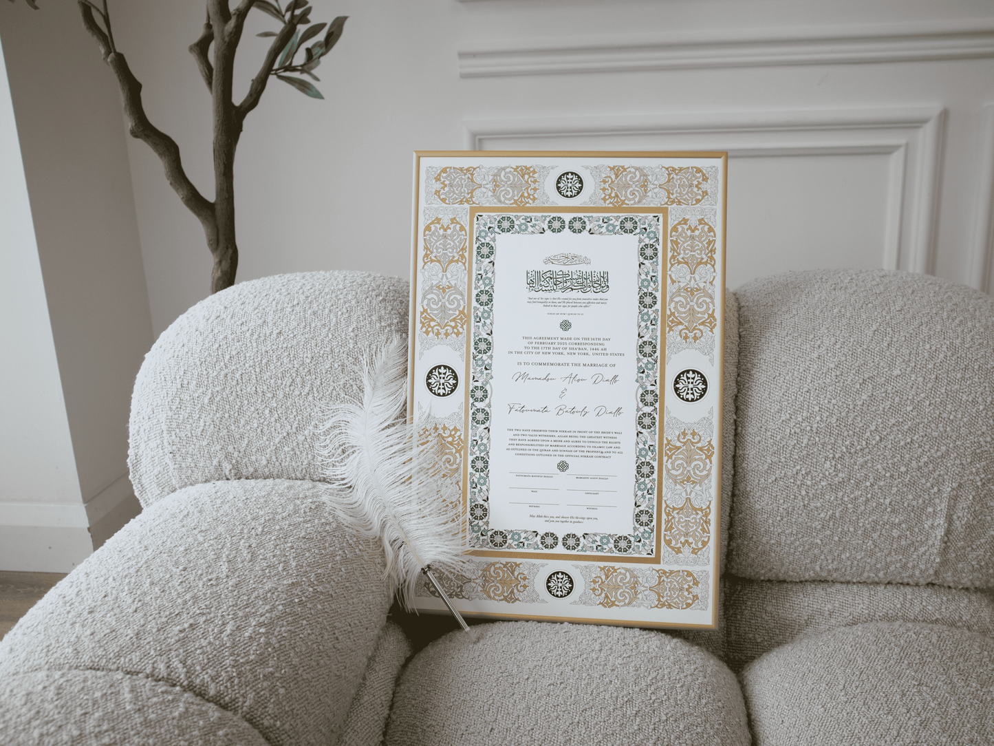 BUNDLE: SANIYA Green Nikah Contract Gold Painted + Frame + Feather Pen