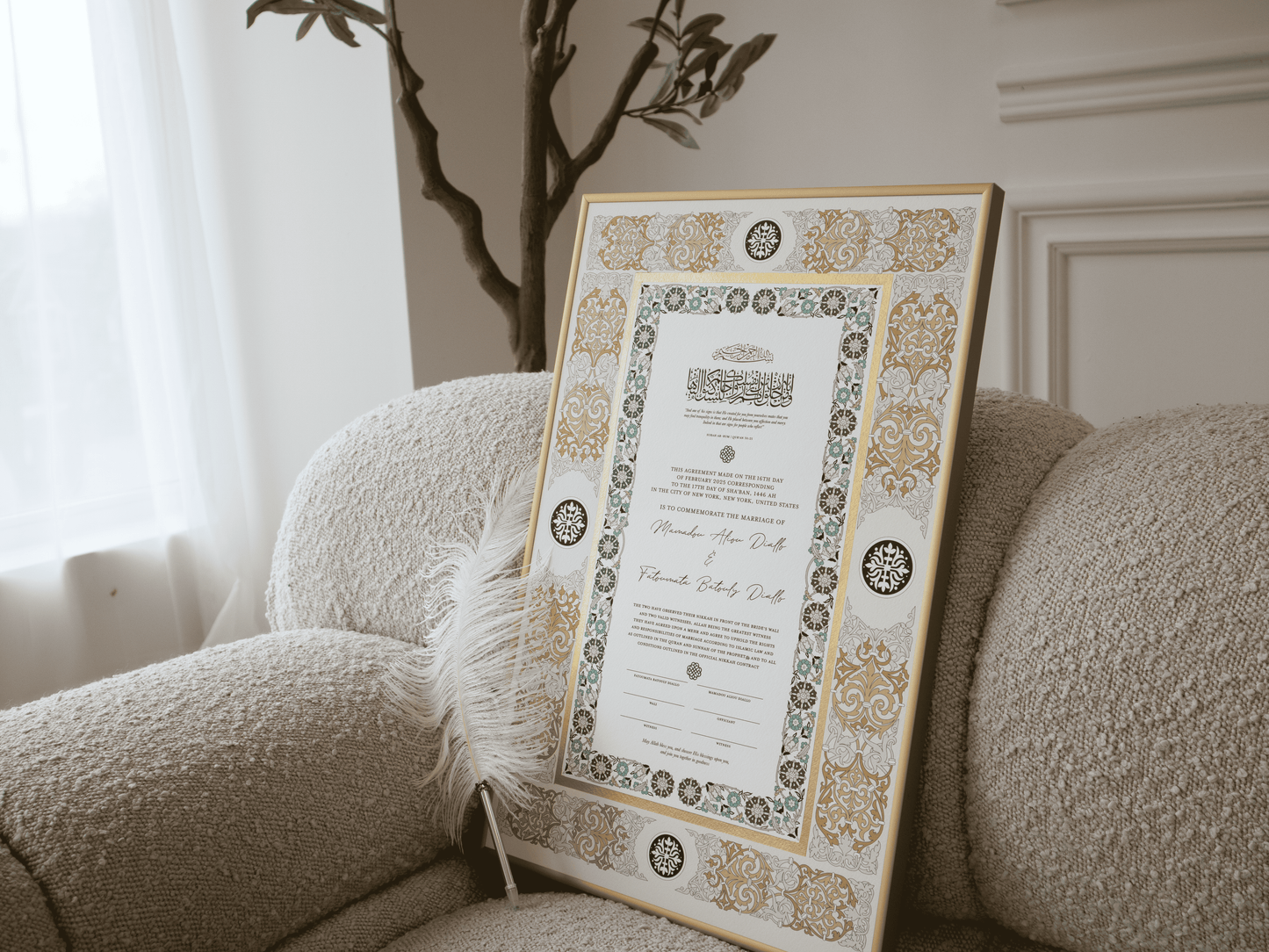 BUNDLE: SANIYA Green Nikah Contract Gold Painted + Frame + Feather Pen