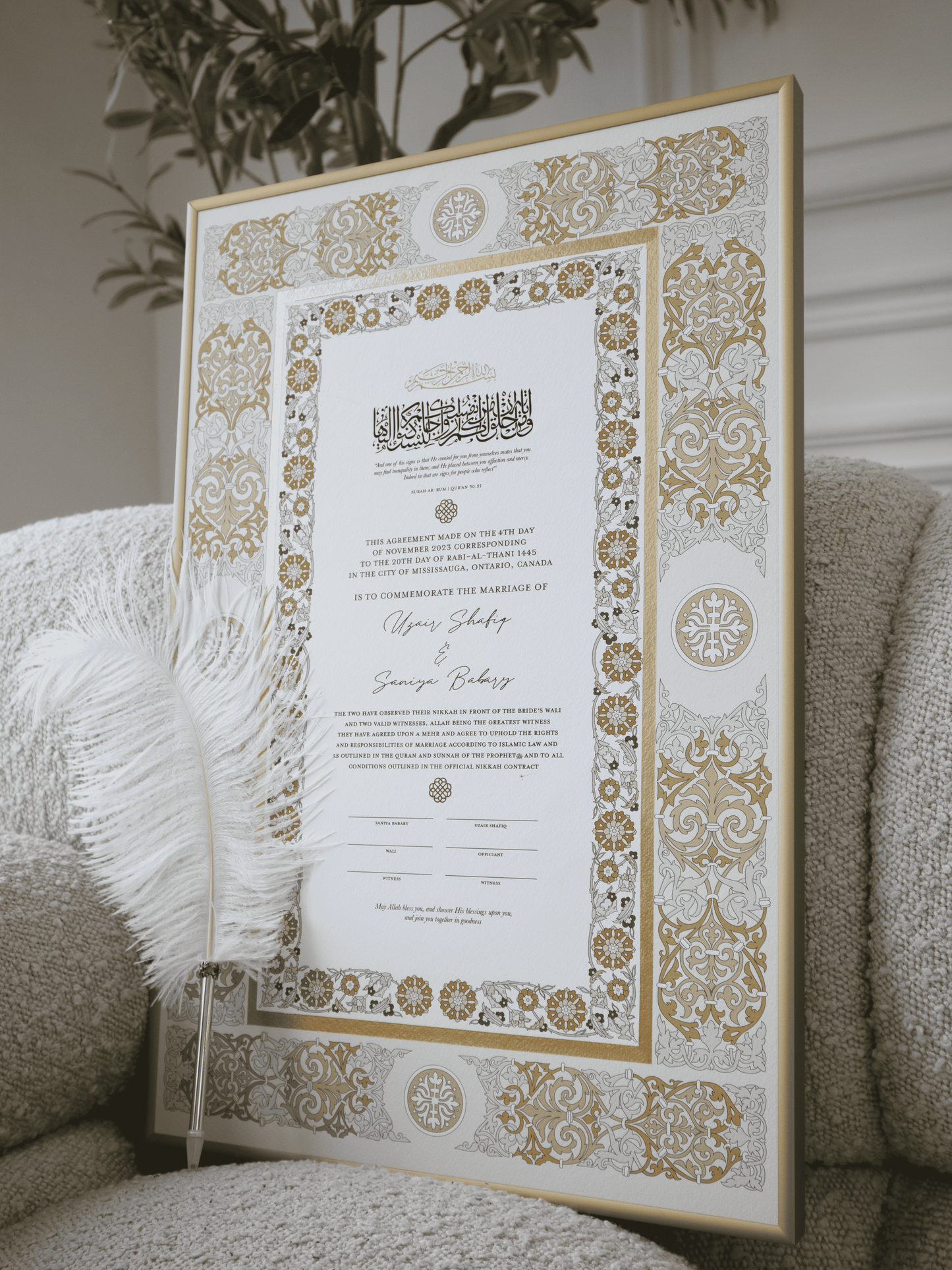 BUNDLE: SANIYA Gold Nikah Contract Gold Painted + Frame + Feather Pen