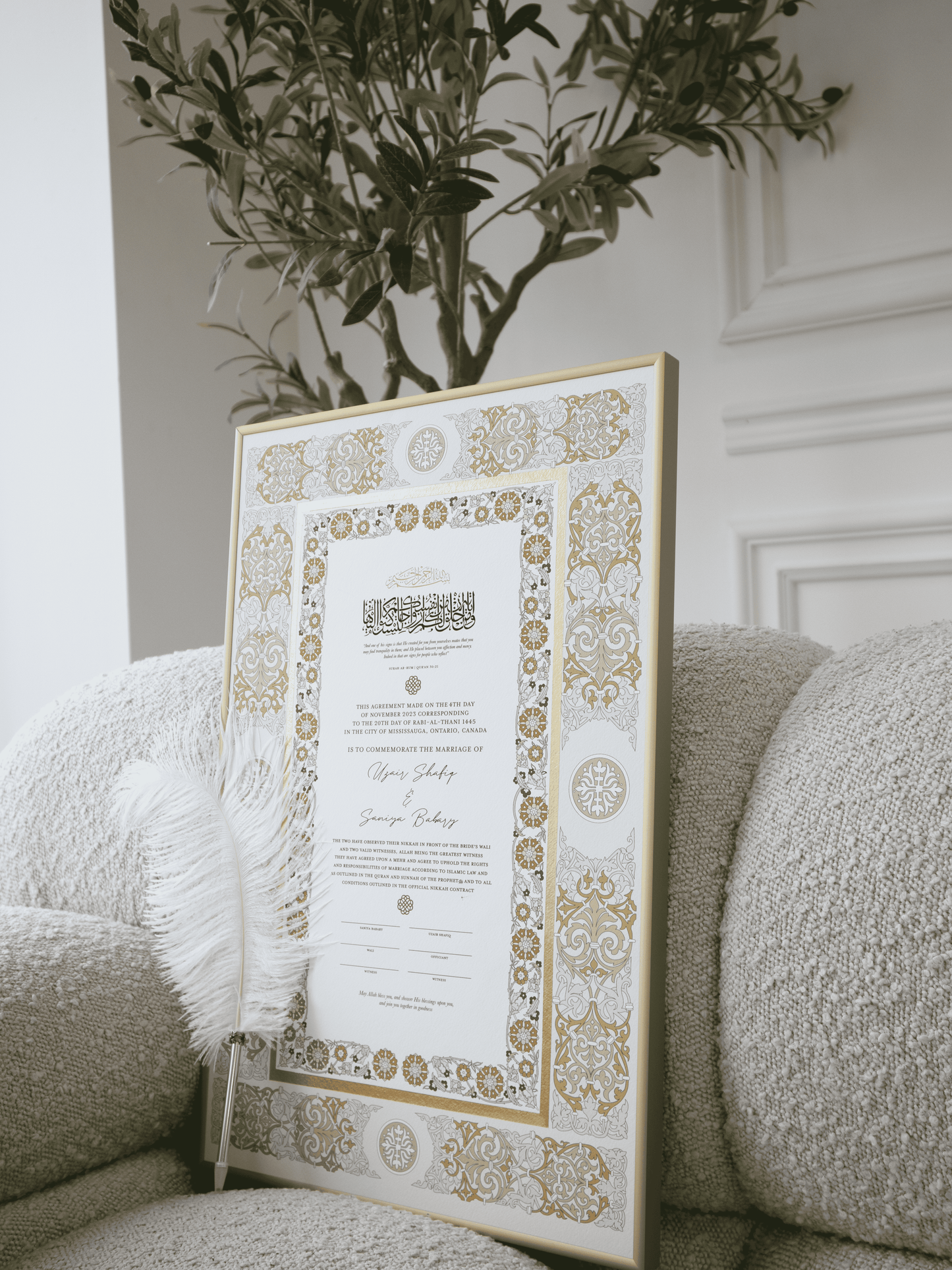 BUNDLE: SANIYA Gold Nikah Contract Gold Painted + Frame + Feather Pen