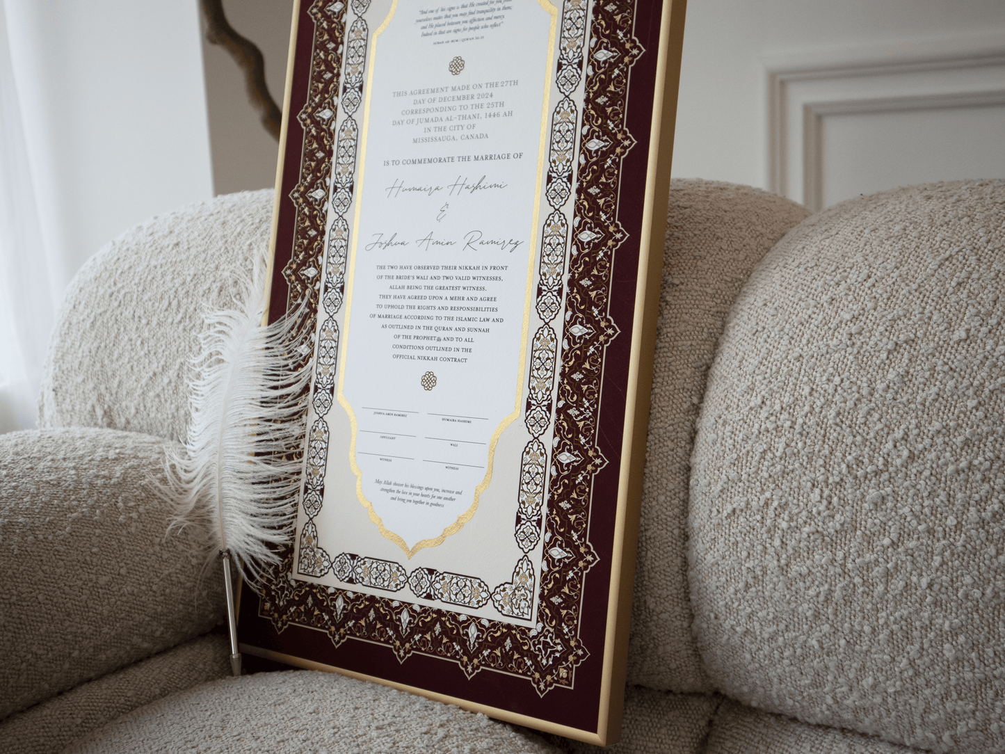 BUNDLE: NAYAB Rose Nikah Certificate Gold Painted + Frame + Feather Pen