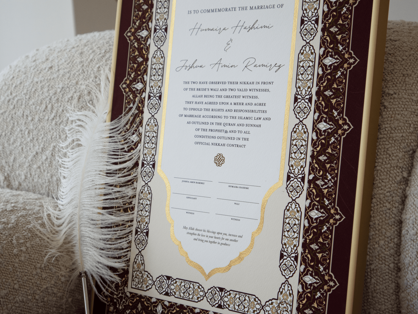 BUNDLE: NAYAB Rose Nikah Certificate Gold Painted + Frame + Feather Pen