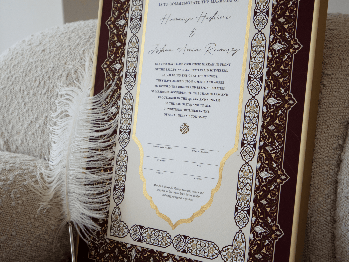 BUNDLE: NAYAB Rose Nikah Certificate Gold Painted + Frame + Feather Pen