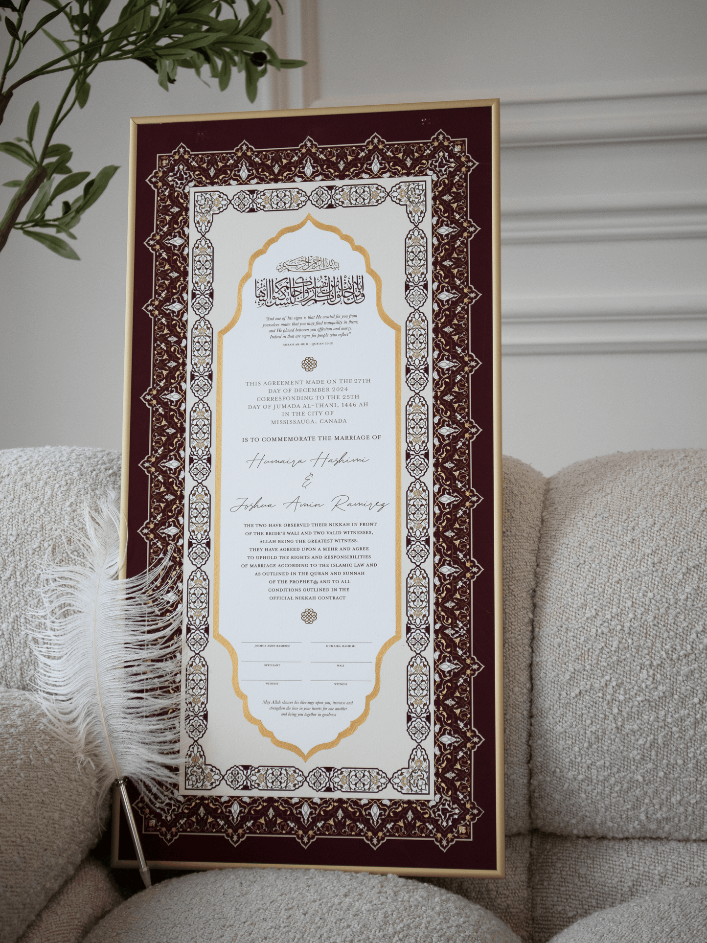 BUNDLE: NAYAB Rose Nikah Certificate Gold Painted + Frame + Feather Pen