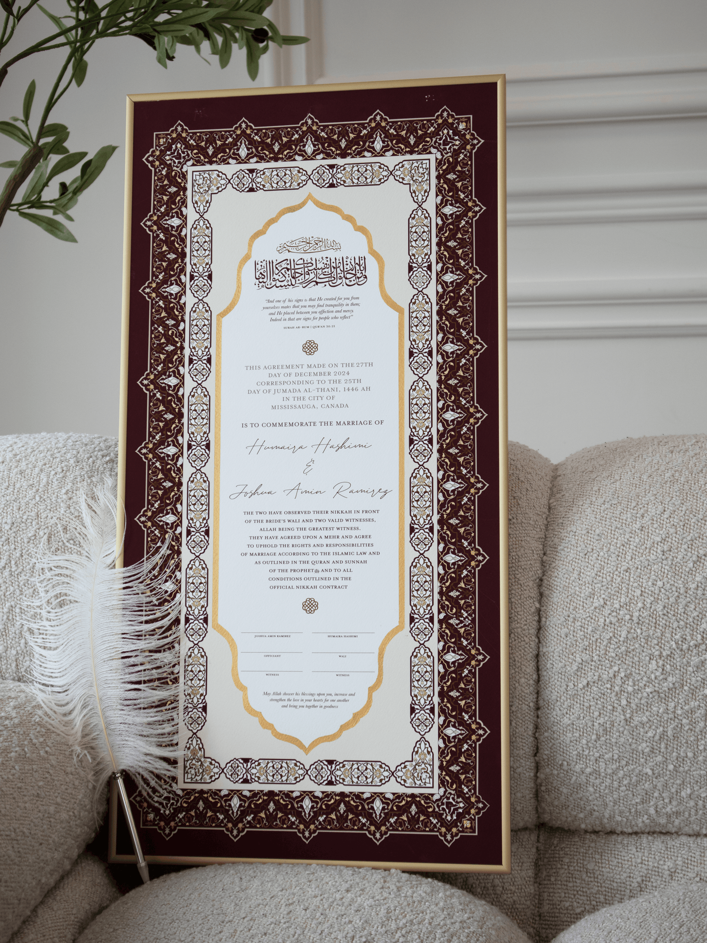 BUNDLE: NAYAB Rose Nikah Certificate Gold Painted + Frame + Feather Pen