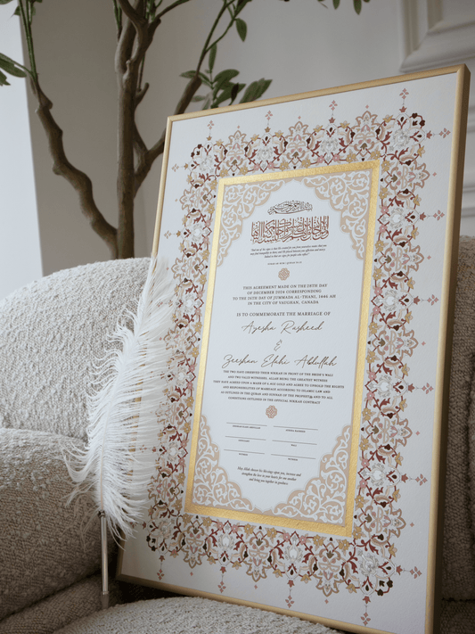 BUNDLE: YASMINE Rose Gold Nikah Contract Gold Painted + Frame + Feather Pen
