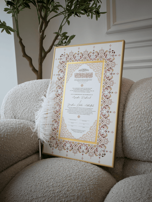 BUNDLE: YASMINE Rose Gold Nikah Contract Gold Painted + Frame + Feather Pen