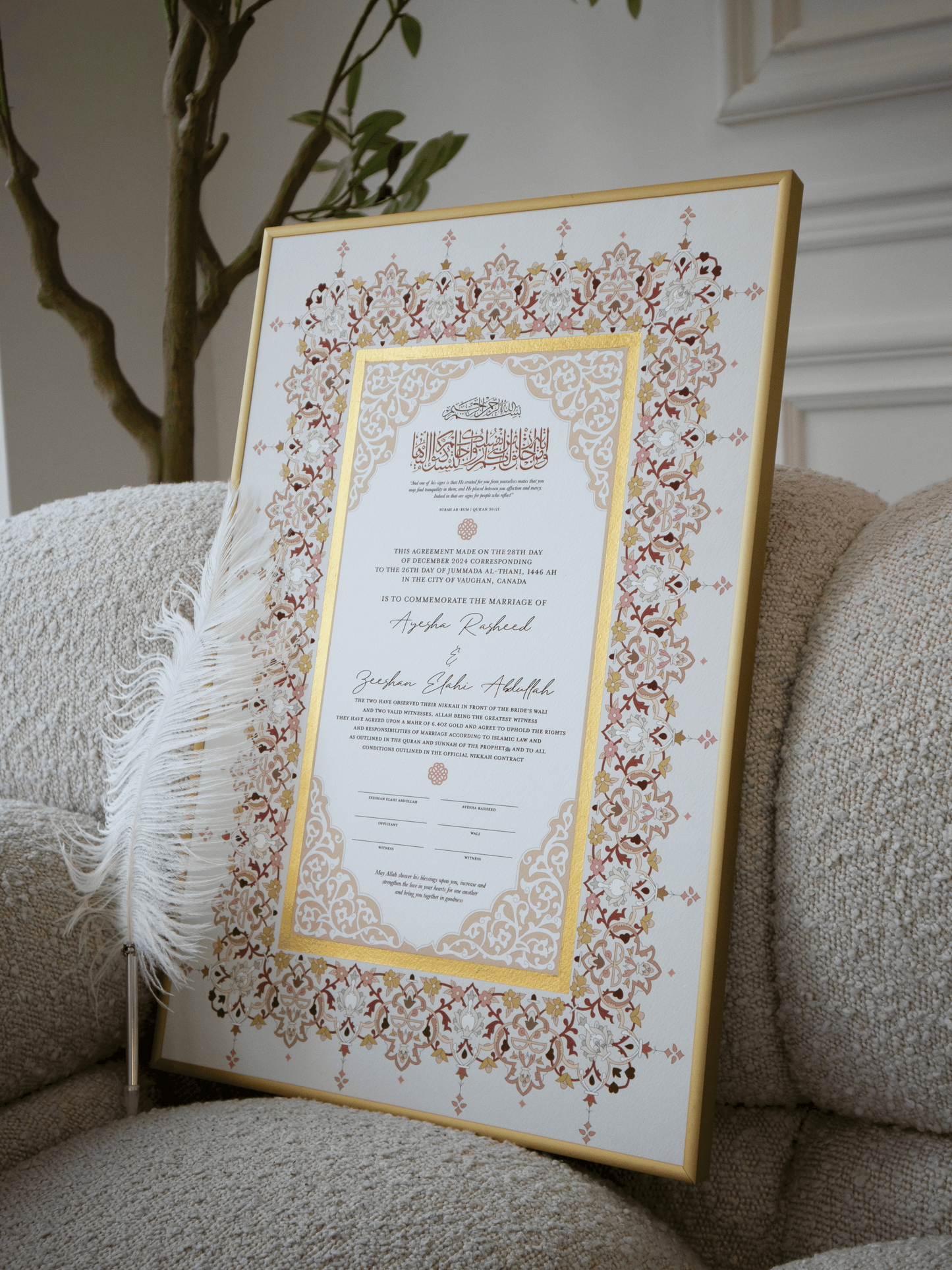 BUNDLE: YASMINE Rose Gold Nikah Contract Gold Painted + Frame + Feather Pen