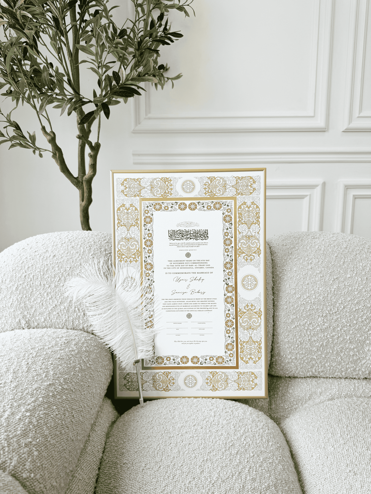 BUNDLE: SANIYA Gold Nikah Contract Gold Painted + Frame + Feather Pen
